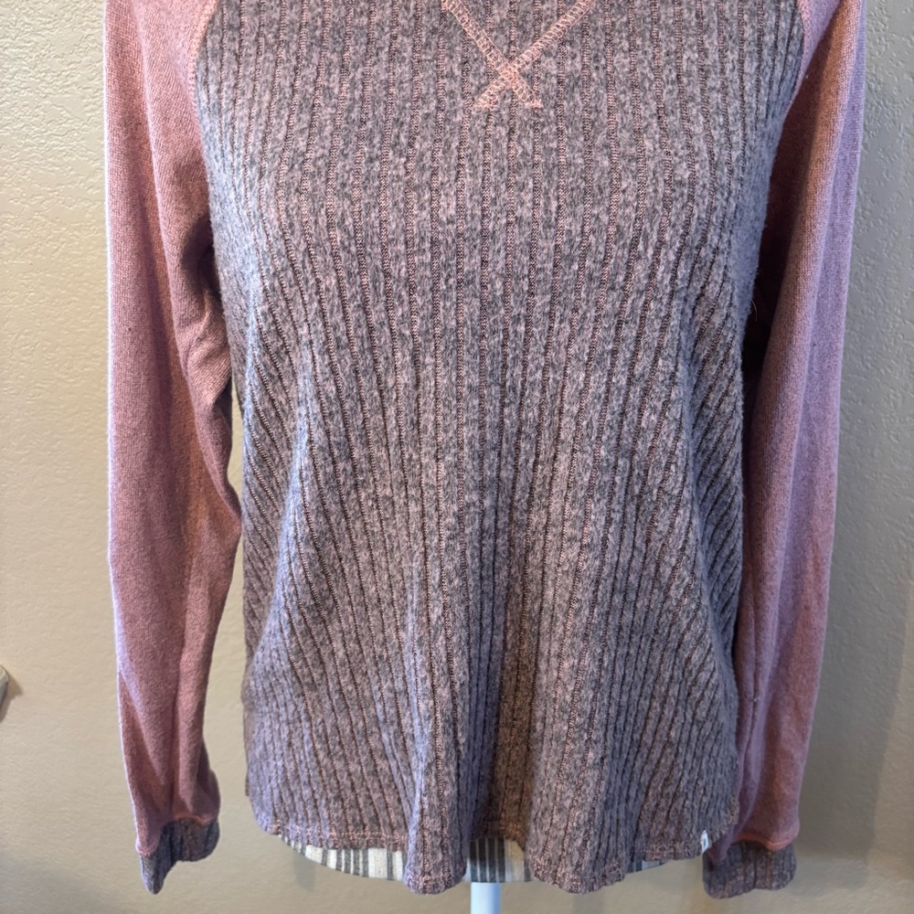 Lucky Brand Top Medium Pink Gray Heathered Knit Long Sleeve Ribbed Cozy Stretch - Picture 4 of 14